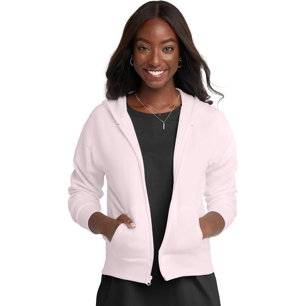 Women's Pale Pink Fleece Cozy Warm Front Full Zip Up Pockets Hooded Sweatshirt